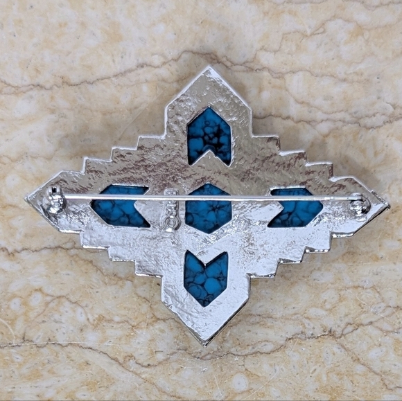 Vintage Sarah Coventry Southwestern Turquoise Silver Tone Inca Brooch Pin - Picture 3 of 8